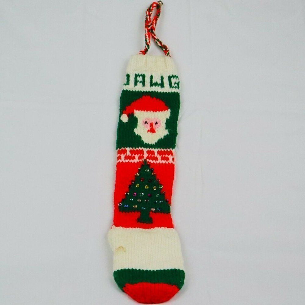VTG Knitted Santa Tree Stocking "Dawg" Christmas Handmade Sequin Holiday Xmas